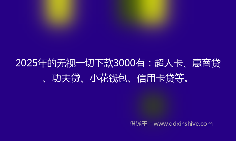 2025年的无视一切下款3000有：超人卡、惠商贷、功夫贷、小花钱包、信用卡贷等。