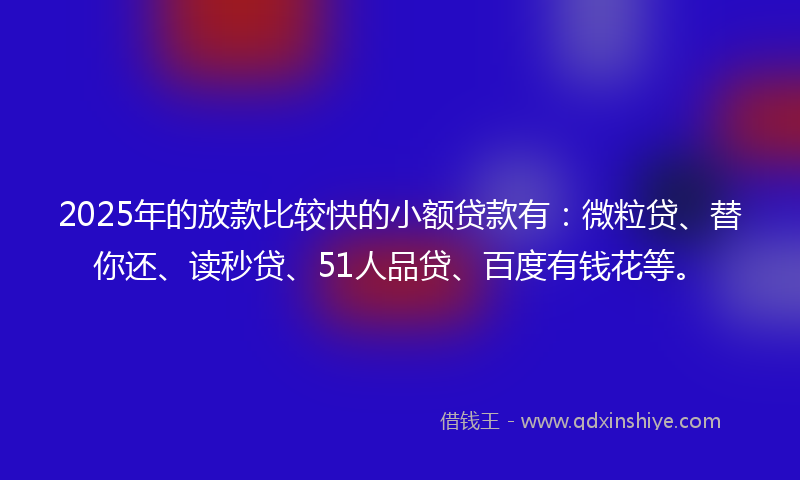 2025年的放款比较快的小额贷款有：微粒贷、替你还、读秒贷、51人品贷、百度有钱花等。