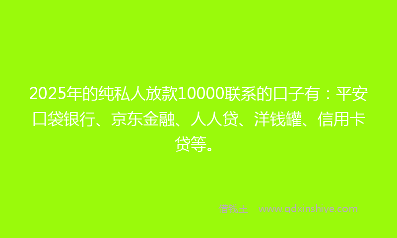 2025年的纯私人放款10000联系的口子有：平安口袋银行、京东金融、人人贷、洋钱罐、信用卡贷等。