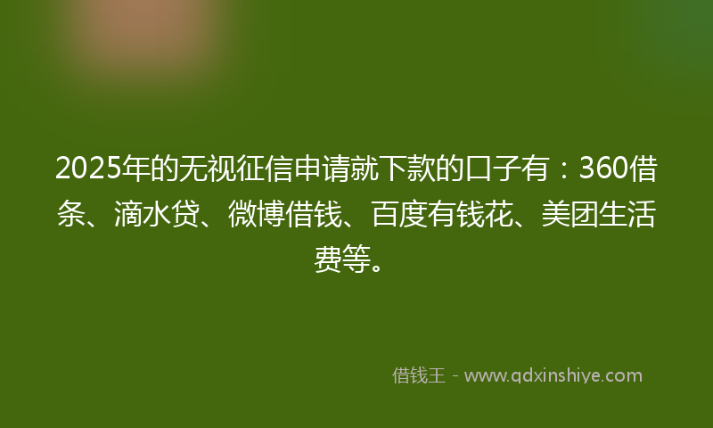 2025年的无视征信申请就下款的口子有：360借条、滴水贷、微博借钱、百度有钱花、美团生活费等。