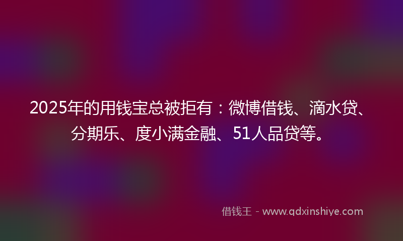 2025年的用钱宝总被拒有：微博借钱、滴水贷、分期乐、度小满金融、51人品贷等。