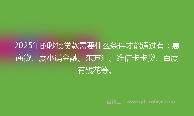 2025年的秒批贷款需要什么条件才能通过有：惠商贷、度小满金融、东方汇、维信卡卡贷、百度有钱花等。