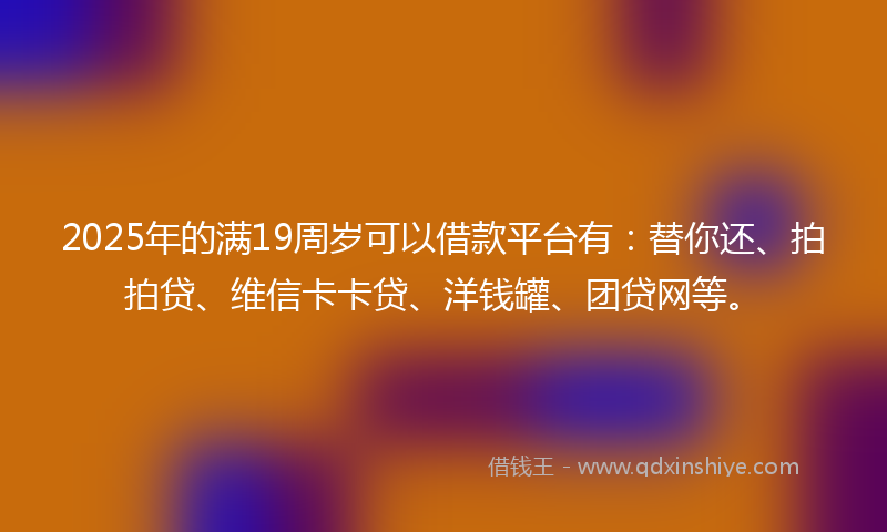 2025年的满19周岁可以借款平台有：替你还、拍拍贷、维信卡卡贷、洋钱罐、团贷网等。
