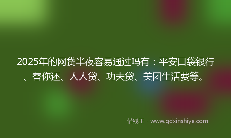2025年的网贷半夜容易通过吗有：平安口袋银行、替你还、人人贷、功夫贷、美团生活费等。