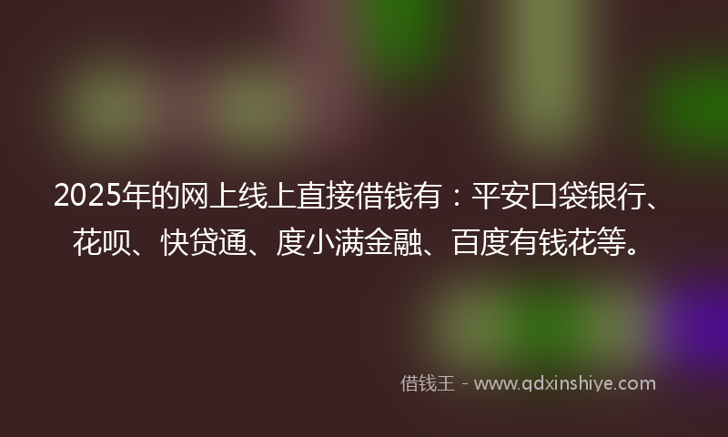 2025年的网上线上直接借钱有：平安口袋银行、花呗、快贷通、度小满金融、百度有钱花等。