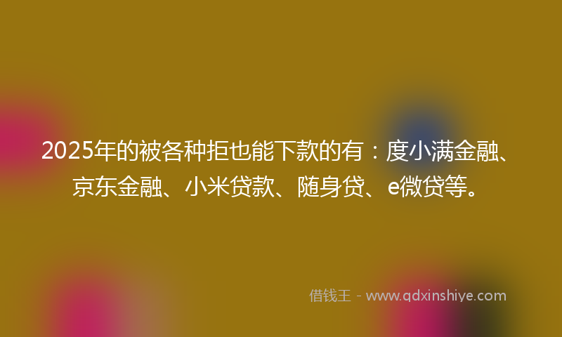 2025年的被各种拒也能下款的有：度小满金融、京东金融、小米贷款、随身贷、e微贷等。