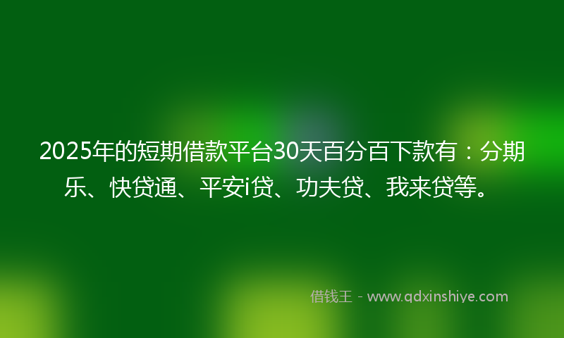 2025年的短期借款平台30天百分百下款有：分期乐、快贷通、平安i贷、功夫贷、我来贷等。