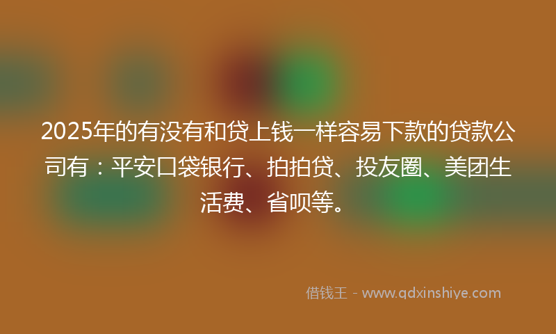 2025年的有没有和贷上钱一样容易下款的贷款公司有：平安口袋银行、拍拍贷、投友圈、美团生活费、省呗等。