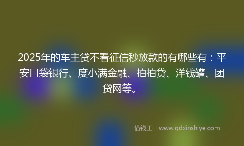 2025年的车主贷不看征信秒放款的有哪些有：平安口袋银行、度小满金融、拍拍贷、洋钱罐、团贷网等。