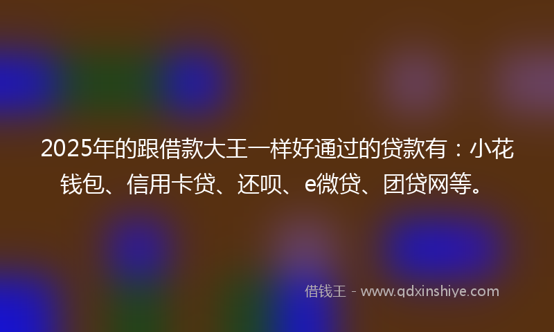 2025年的跟借款大王一样好通过的贷款有：小花钱包、信用卡贷、还呗、e微贷、团贷网等。
