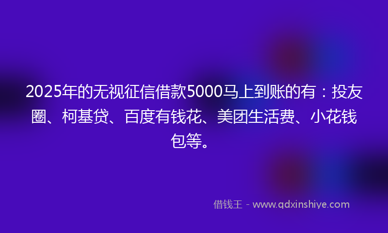 2025年的无视征信借款5000马上到账的有：投友圈、柯基贷、百度有钱花、美团生活费、小花钱包等。