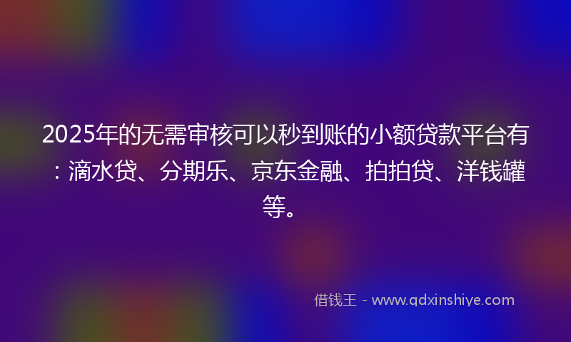 2025年的无需审核可以秒到账的小额贷款平台有：滴水贷、分期乐、京东金融、拍拍贷、洋钱罐等。
