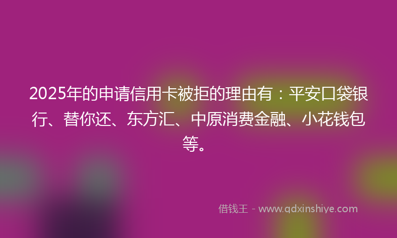 2025年的申请信用卡被拒的理由有：平安口袋银行、替你还、东方汇、中原消费金融、小花钱包等。