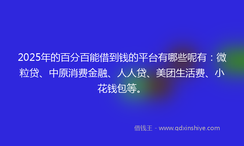 2025年的百分百能借到钱的平台有哪些呢有：微粒贷、中原消费金融、人人贷、美团生活费、小花钱包等。