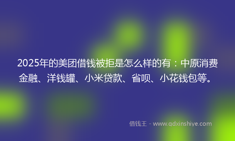 2025年的美团借钱被拒是怎么样的有：中原消费金融、洋钱罐、小米贷款、省呗、小花钱包等。
