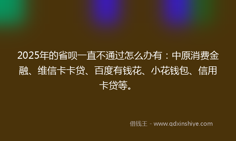 2025年的省呗一直不通过怎么办有：中原消费金融、维信卡卡贷、百度有钱花、小花钱包、信用卡贷等。