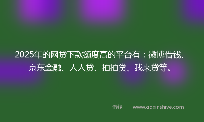 2025年的网贷下款额度高的平台有：微博借钱、京东金融、人人贷、拍拍贷、我来贷等。