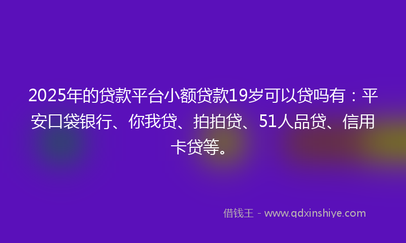 2025年的贷款平台小额贷款19岁可以贷吗有：平安口袋银行、你我贷、拍拍贷、51人品贷、信用卡贷等。
