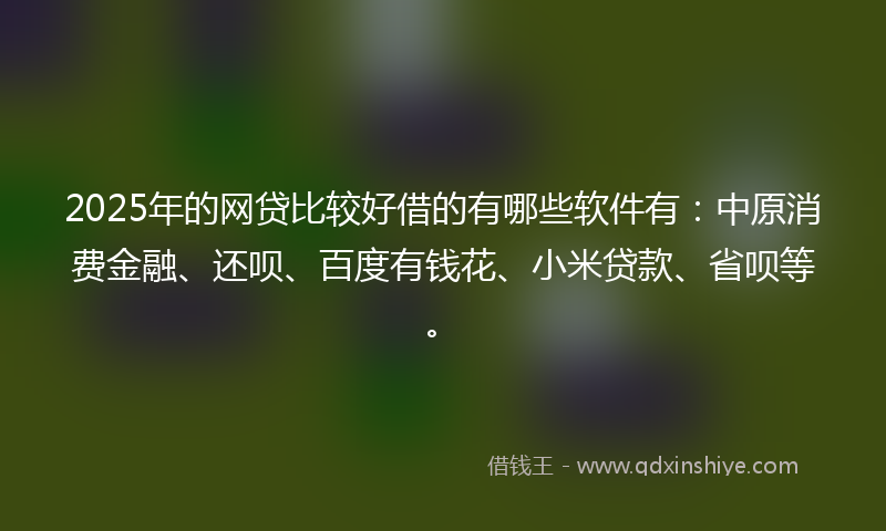 2025年的网贷比较好借的有哪些软件有：中原消费金融、还呗、百度有钱花、小米贷款、省呗等。