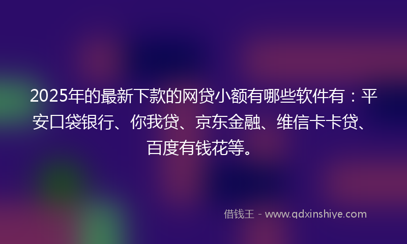 2025年的最新下款的网贷小额有哪些软件有：平安口袋银行、你我贷、京东金融、维信卡卡贷、百度有钱花等。