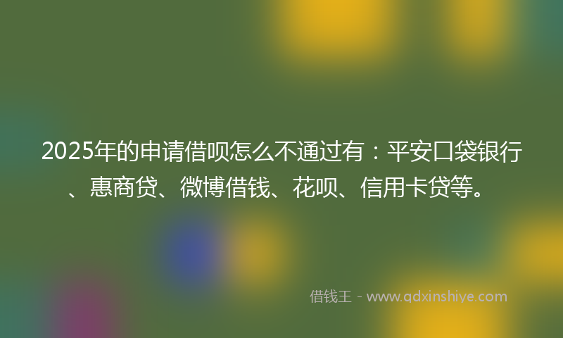 2025年的申请借呗怎么不通过有：平安口袋银行、惠商贷、微博借钱、花呗、信用卡贷等。