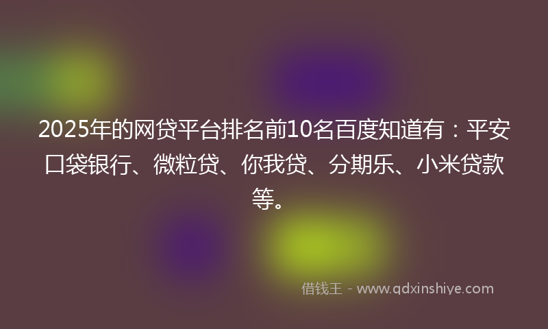 2025年的网贷平台排名前10名百度知道有：平安口袋银行、微粒贷、你我贷、分期乐、小米贷款等。