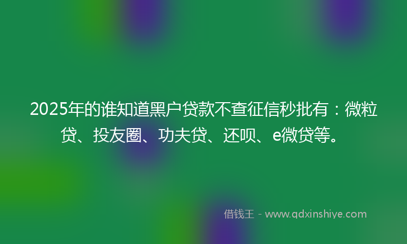 2025年的谁知道黑户贷款不查征信秒批有：微粒贷、投友圈、功夫贷、还呗、e微贷等。