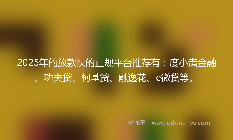 2025年的放款快的正规平台推荐有：度小满金融、功夫贷、柯基贷、融逸花、e微贷等。