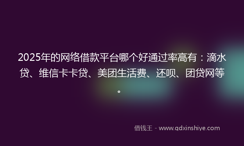 2025年的网络借款平台哪个好通过率高有：滴水贷、维信卡卡贷、美团生活费、还呗、团贷网等。