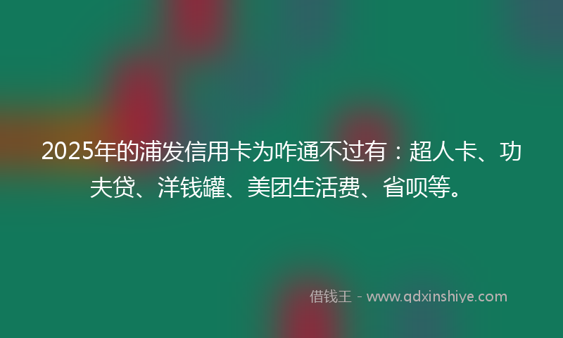 2025年的浦发信用卡为咋通不过有：超人卡、功夫贷、洋钱罐、美团生活费、省呗等。
