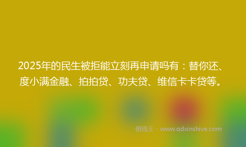 2025年的民生被拒能立刻再申请吗有：替你还、度小满金融、拍拍贷、功夫贷、维信卡卡贷等。