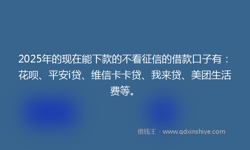 2025年的现在能下款的不看征信的借款口子有：花呗、平安i贷、维信卡卡贷、我来贷、美团生活费等。