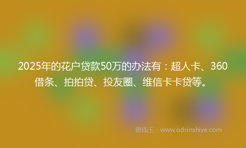 2025年的花户贷款50万的办法有：超人卡、360借条、拍拍贷、投友圈、维信卡卡贷等。