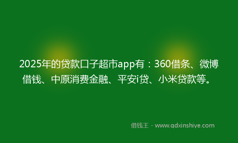2025年的贷款口子超市app有：360借条、微博借钱、中原消费金融、平安i贷、小米贷款等。