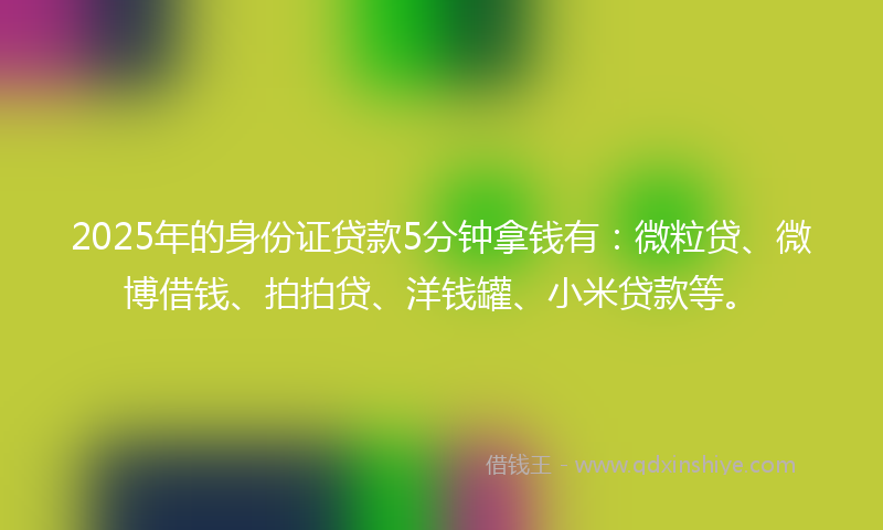 2025年的身份证贷款5分钟拿钱有：微粒贷、微博借钱、拍拍贷、洋钱罐、小米贷款等。