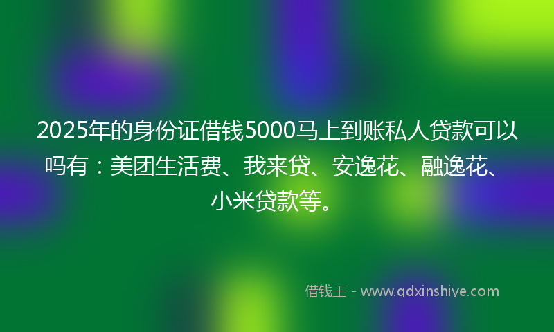 2025年的身份证借钱5000马上到账私人贷款可以吗有：美团生活费、我来贷、安逸花、融逸花、小米贷款等。