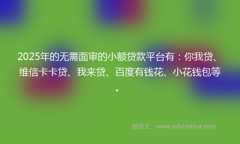 2025年的无需面审的小额贷款平台有：你我贷、维信卡卡贷、我来贷、百度有钱花、小花钱包等。