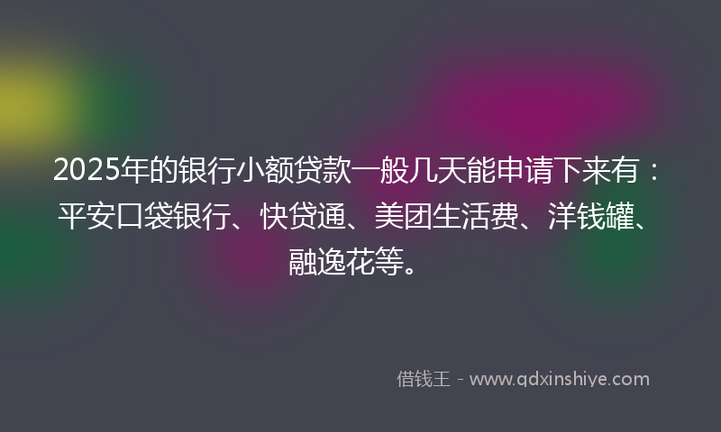 2025年的银行小额贷款一般几天能申请下来有：平安口袋银行、快贷通、美团生活费、洋钱罐、融逸花等。