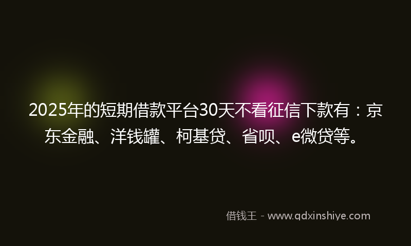 2025年的短期借款平台30天不看征信下款有：京东金融、洋钱罐、柯基贷、省呗、e微贷等。