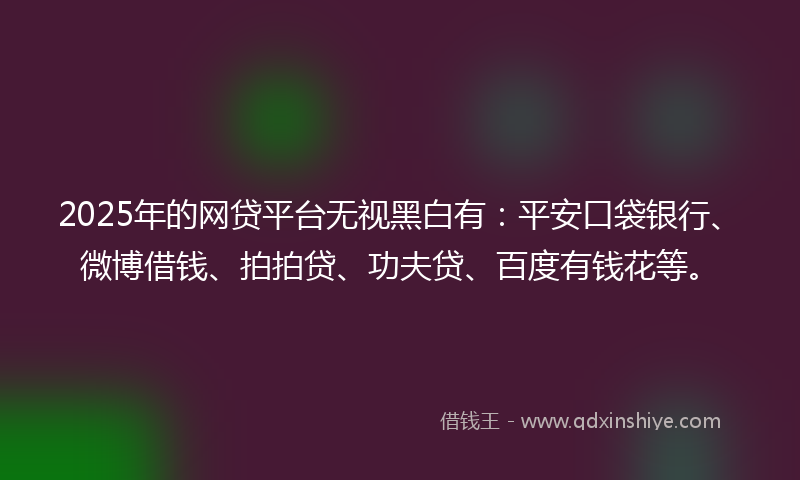 2025年的网贷平台无视黑白有：平安口袋银行、微博借钱、拍拍贷、功夫贷、百度有钱花等。