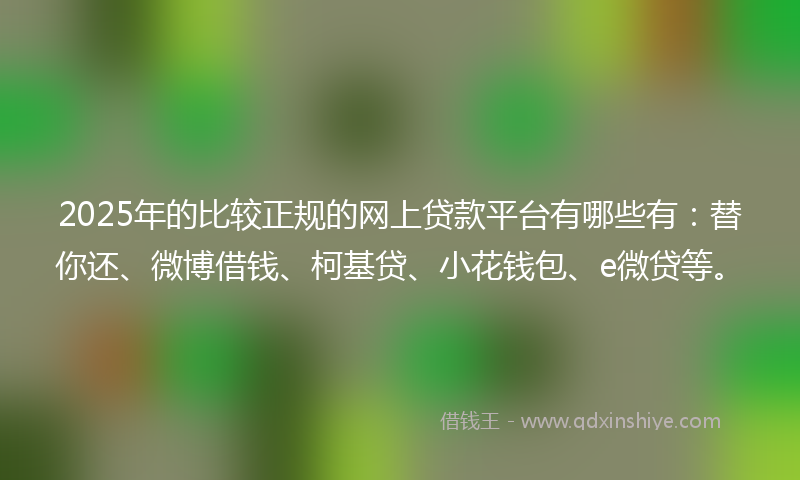 2025年的比较正规的网上贷款平台有哪些有：替你还、微博借钱、柯基贷、小花钱包、e微贷等。