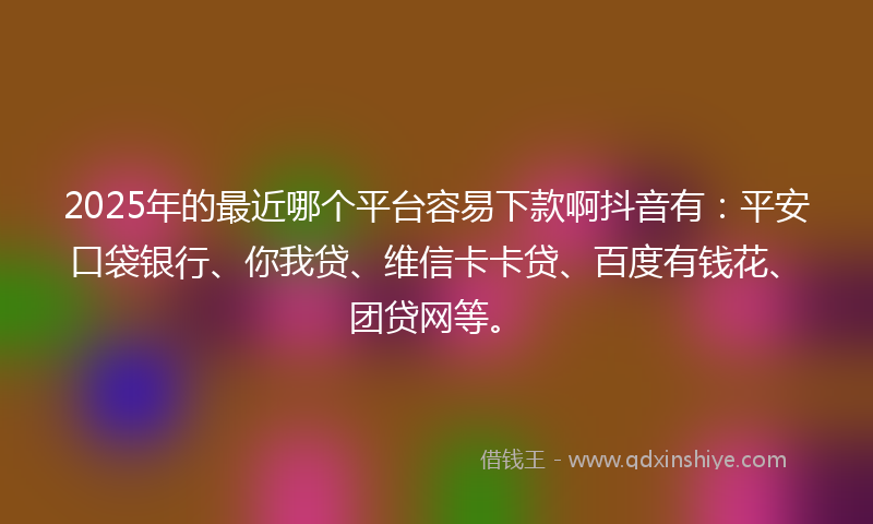 2025年的最近哪个平台容易下款啊抖音有：平安口袋银行、你我贷、维信卡卡贷、百度有钱花、团贷网等。