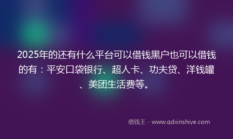 2025年的还有什么平台可以借钱黑户也可以借钱的有：平安口袋银行、超人卡、功夫贷、洋钱罐、美团生活费等。