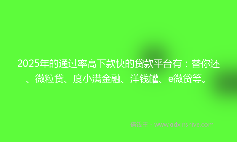 2025年的通过率高下款快的贷款平台有：替你还、微粒贷、度小满金融、洋钱罐、e微贷等。