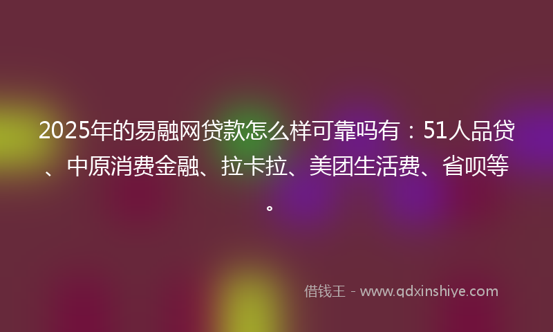 2025年的易融网贷款怎么样可靠吗有：51人品贷、中原消费金融、拉卡拉、美团生活费、省呗等。