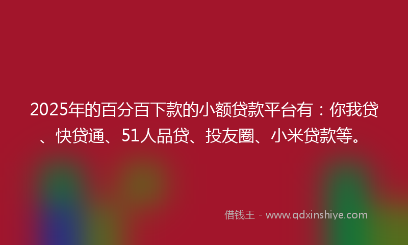 2025年的百分百下款的小额贷款平台有：你我贷、快贷通、51人品贷、投友圈、小米贷款等。