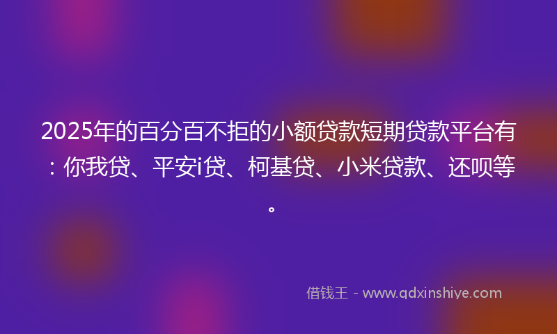 2025年的百分百不拒的小额贷款短期贷款平台有：你我贷、平安i贷、柯基贷、小米贷款、还呗等。