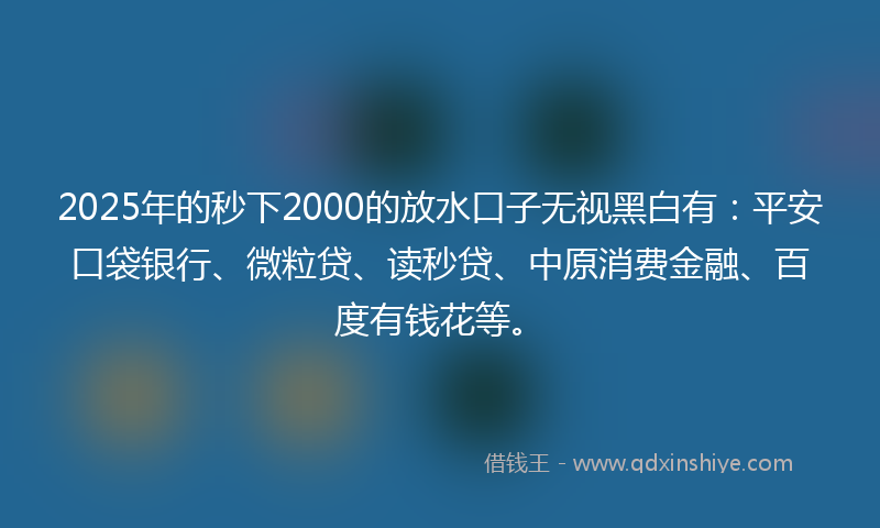 2025年的秒下2000的放水口子无视黑白有：平安口袋银行、微粒贷、读秒贷、中原消费金融、百度有钱花等。