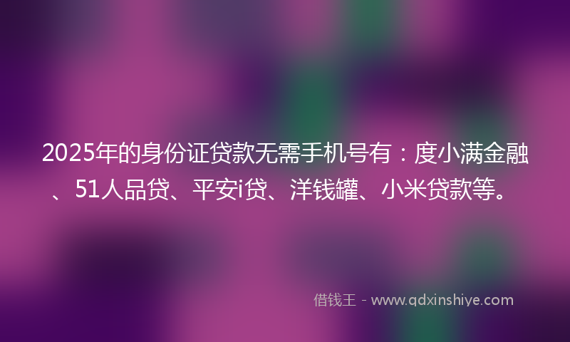 2025年的身份证贷款无需手机号有：度小满金融、51人品贷、平安i贷、洋钱罐、小米贷款等。