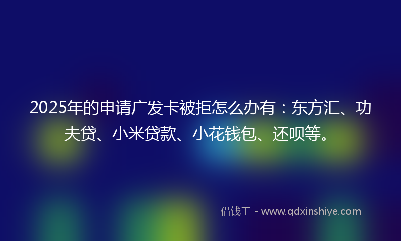 2025年的申请广发卡被拒怎么办有：东方汇、功夫贷、小米贷款、小花钱包、还呗等。